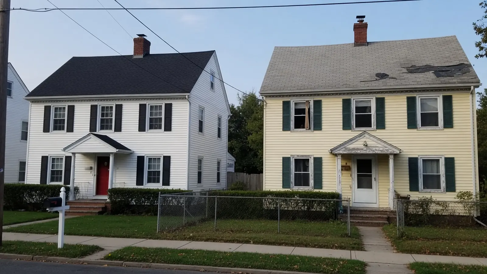 Two neighboring colonials, one with a new black shingle roof and one with a worn light-gray roof missing shingles