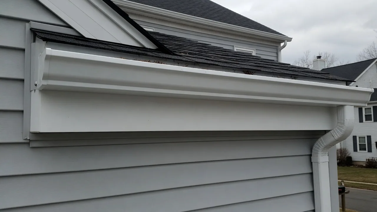 New white seamless aluminum gutter running along the roof edge of a gray-sided house with a white downspout
