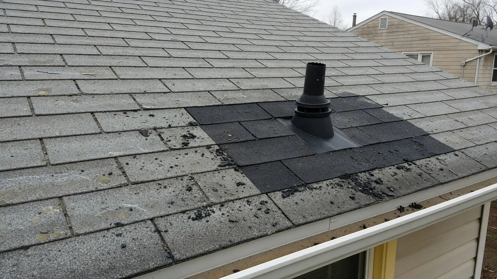 Section of new charcoal shingles patched in around a plumbing vent boot on an older gray asphalt roof