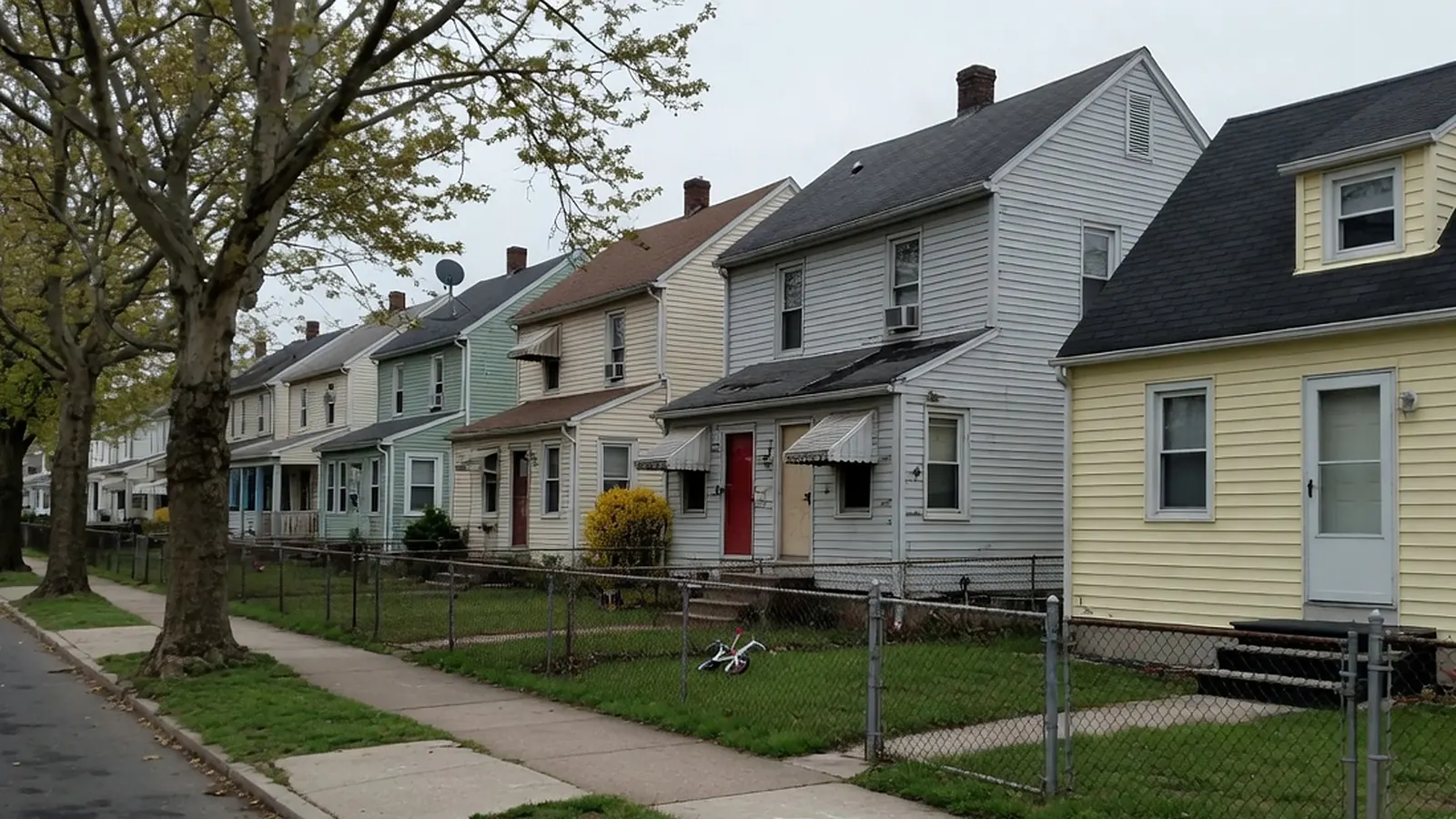 Clifton-style street of older two-story frame houses and a yellow cape with a front dormer behind chain-link fences