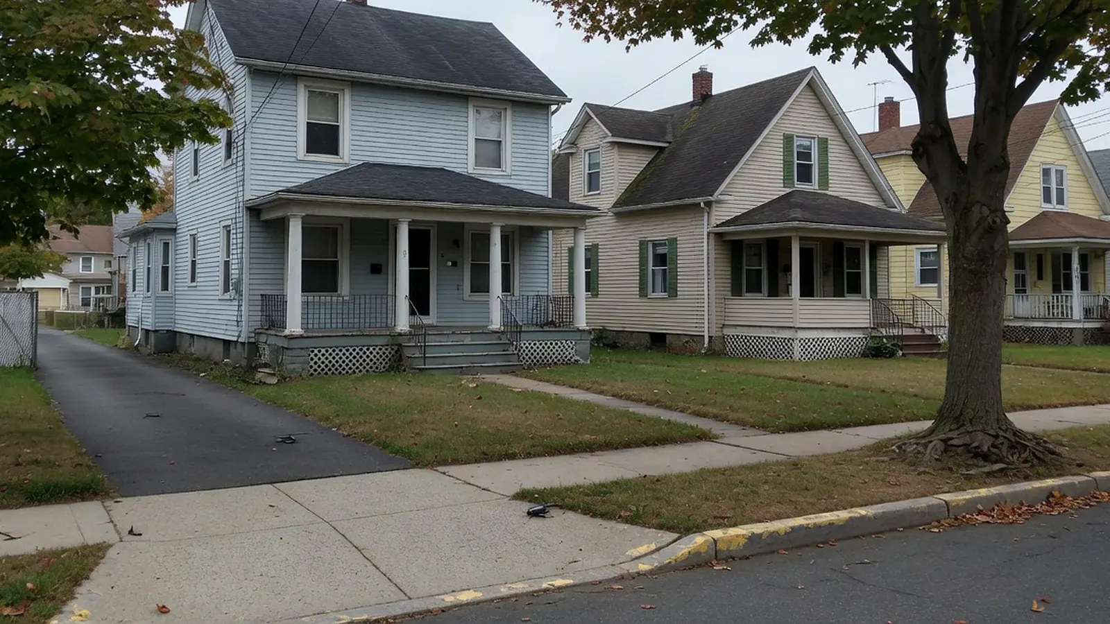 Hackensack-style street of early twentieth-century frame houses with front porches under maple trees
