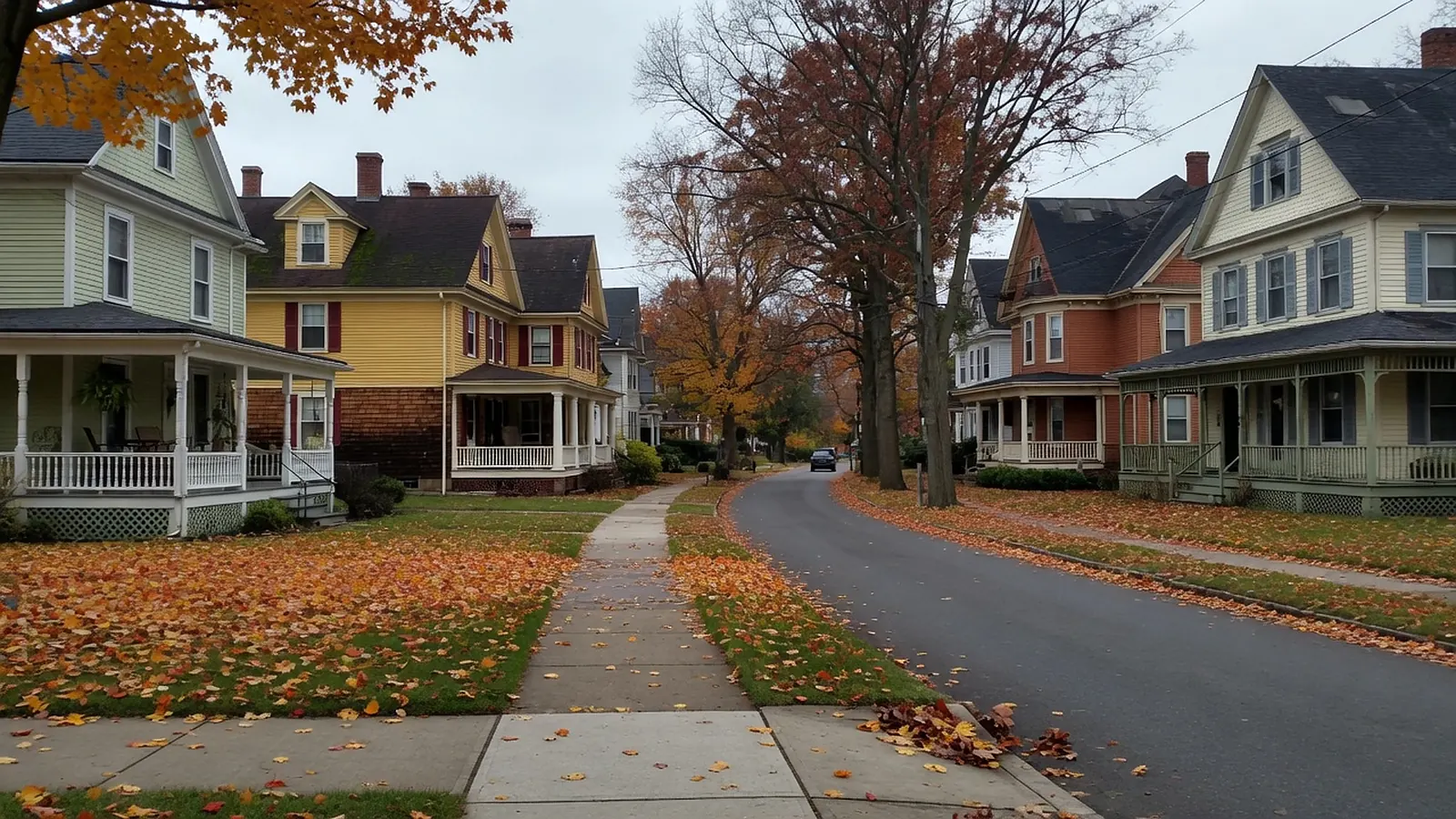 Montclair-style autumn street of Victorian and Colonial Revival houses with wraparound porches and leaves on the lawns