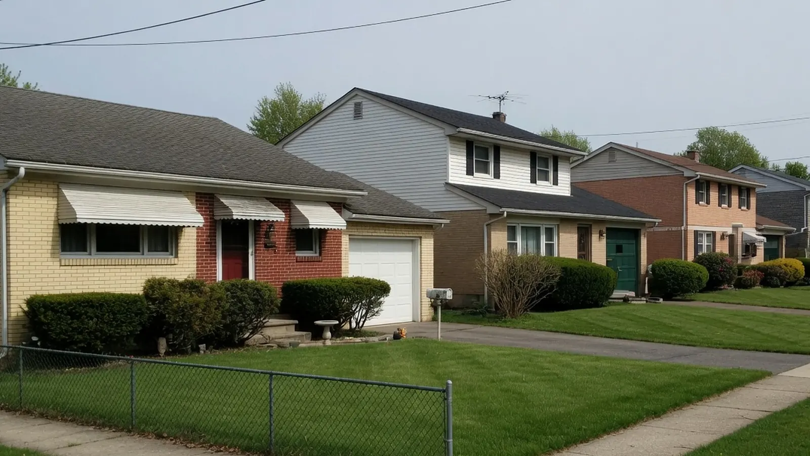 Paramus-style street of a brick ranch with a garage and two-story split-level houses behind green lawns