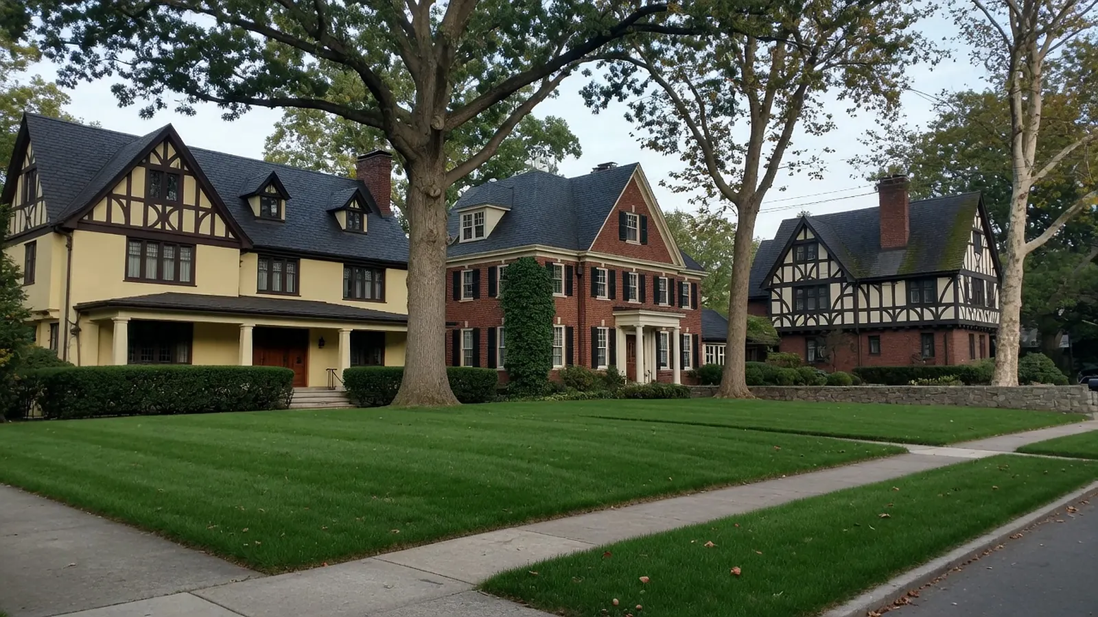 Ridgewood-style Tudor and brick colonial houses with steep dark roofs behind a wide lawn and mature oak trees