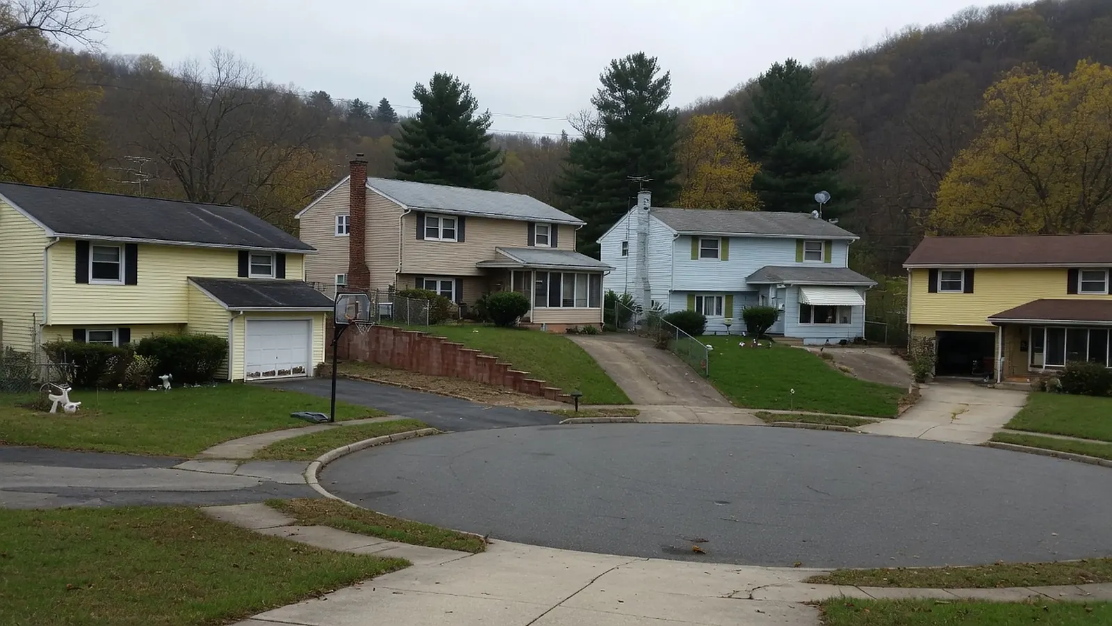 Wayne-style cul-de-sac of split-level and bi-level houses below a wooded hillside in late fall
