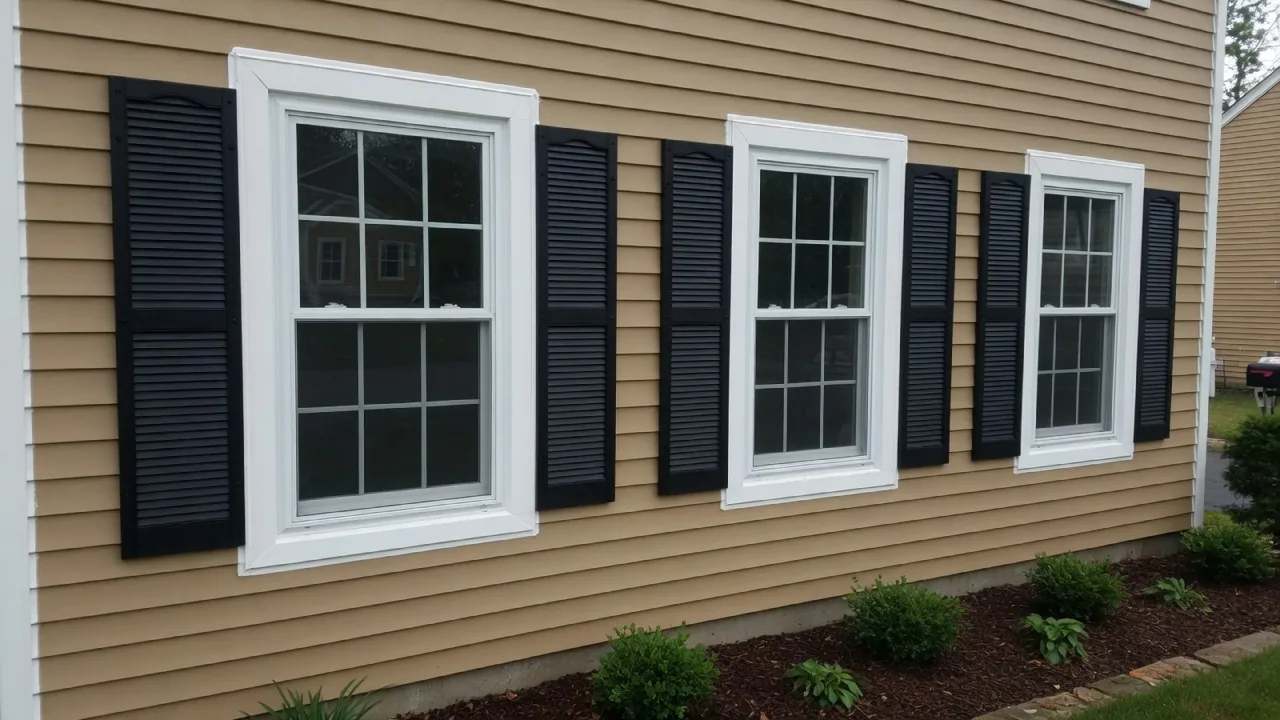 Three new white vinyl double-hung windows with grids and fresh trim on a tan-sided colonial