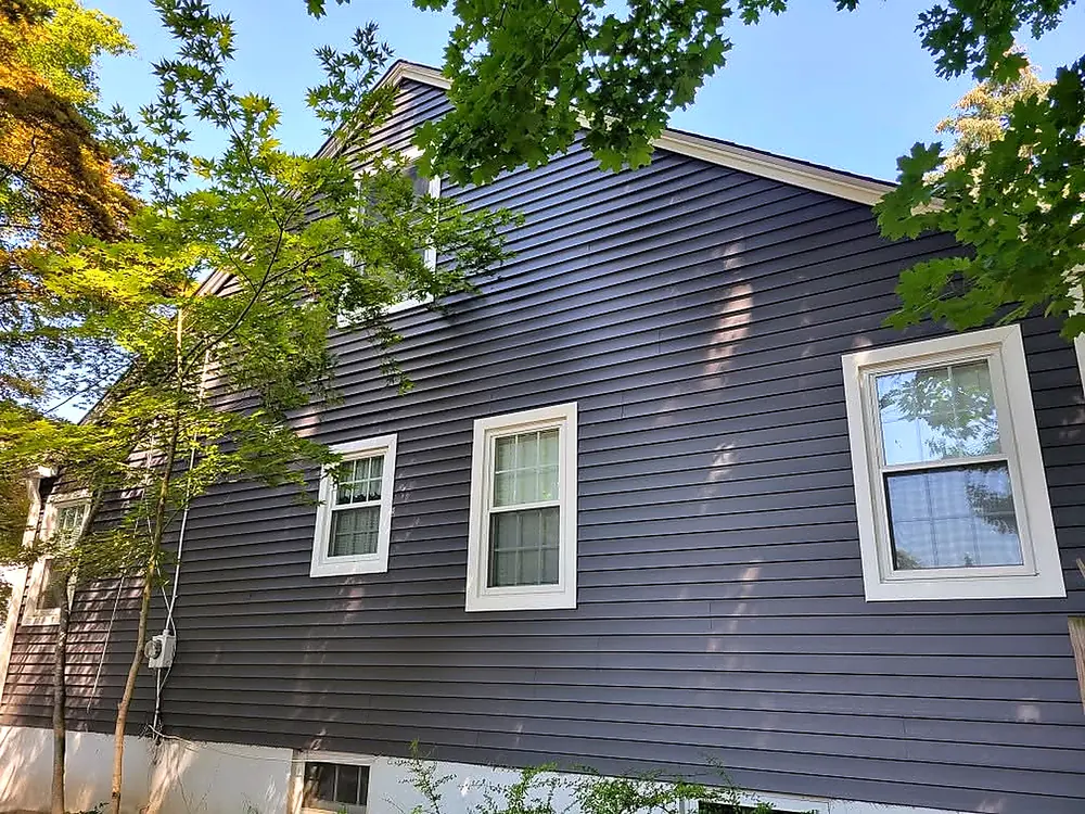 New navy lap siding with white-trimmed windows